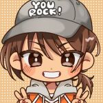  1boy alternate_eye_color baseball_cap blush bright_pupils brown_eyes brown_hair chibi chibi_only close-up commentary dark-skinned_male dark_skin grey_hat hair_between_eyes hat hood hood_down hoodie kel_(birthday)_(omori) kel_(faraway)_(omori) kel_(omori) looking_at_viewer male_focus nata_kadu official_alternate_costume omori open_mouth orange_hoodie smile solo teeth untranslatable_commentary upper_body white_pupils 