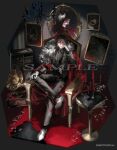  1boy alternate_costume armchair black_background black_hair black_jacket black_pants black_shirt black_socks black_suit black_vest broken_glass buttons camellia candle candlestand cape carpet chair chameleon chandelier collar_chain_(jewelry) collared_shirt commentary_request copyright_notice demon_horns display_case double-breasted drawer dress_shoes earrings eyeshadow faux_figurine figure_four_sitting floral_print floral_print_pants flower full_body fur-trimmed_cape fur_trim glass glass_shards gloves hand_chains hand_on_own_face hand_on_own_knee horns indoors jacket jewelry lapel_pin lapels long_sleeves looking_at_viewer makeup male_focus medium_hair multicolored_hair necklace nijisanji nijisanji_en notched_lapels official_art open_clothes open_jacket pants parted_lips phonograph portrait_(object) red_cape red_eyeshadow red_flower red_streaks ribs round_table salamander sample_watermark shirt shoes simple_background sitting smile socks solo streaked_hair suit suit_jacket suit_pants table tassel tassel_earrings tile_floor tiles torn_carpet ueauwa unworn_jewelry unworn_necklace unworn_ring vest virtual_youtuber vox_akuma watermark white_flower white_gloves white_shoes yellow_eyes 