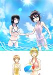  :d :o :| alternate_hairstyle bags_under_eyes bikini black_hair blonde_hair breasts brown_eyes brown_hair casual_one-piece_swimsuit cleavage closed_mouth cloud comic cyber_dragon-kun day freckles green_eyes hair_between_eyes hair_up highres holding_hands kuroki_tomoko low_twintails multiple_girls navel one-piece_swimsuit open_mouth purple_eyes shorts sky smile swimsuit tamura_yuri tanaka_mako twintails wading watashi_ga_motenai_no_wa_dou_kangaetemo_omaera_ga_warui! water white_bikini yellow_swimsuit yoshida_masaki 