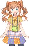  :d arms_at_sides bag blue_eyes brown_hair eyebrows_visible_through_hair hair_ornament hair_scrunchie highres idolmaster idolmaster_(classic) idolmaster_million_live! long_hair looking_at_viewer open_mouth red_scrunchie scrunchie shone short_sleeves simple_background smile solo takatsuki_yayoi twintails white_background 