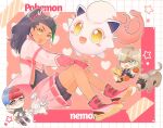  1boy 2girls arven_(pokemon) berry_(pokemon) black_hair blue_hair blush_stickers brown_hair chibi commentary_request food green_hair heart highres jacket looking_at_viewer multicolored_hair multiple_girls nemona_(pokemon) nemona_(sygna_suit)_(pokemon) official_alternate_costume penny_(pokemon) pink_jacket pokemon pokemon_masters_ex pokemon_scarlet_and_violet ponytail red_hair sandwich scream_tail shi_(machete_000) star_(symbol) sylveon tamato_berry two-tone_hair yellow_eyes 