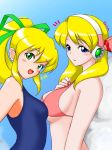  2girls alia alia_(rockman) android asymmetrical_docking baare_arms bare_shoulders bikini bikini_top blonde_hair blue_background blue_eyes blush breast_press breasts capcom clouds eyebrows_visible_through_hair female graphite_(medium) green_eyes hand_on_own_chest headset kagibane large_breasts long_eyelashes long_hair looking_at_viewer looking_to_the_side multiple_girls nail_polish open_mouth red_bikini red_bikini_top red_nails robot_ears rockman rockman_x roll school_swimsuit sidelocks small_breasts smile swimsuit traditional_media 