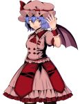  1girl arm_at_side arm_up ascot bat_wings black_thighhighs blue_hair brooch closed_mouth collared_shirt commentary_request cowboy_shot frilled_shirt frilled_shirt_collar frilled_skirt frilled_wrist_cuffs frills hat highres jewelry looking_at_viewer mob_cap pi-nattus pink_hat pink_shirt pink_skirt red_ascot red_eyes red_wrist_cuffs remilia_scarlet shirt short_hair simple_background skirt skirt_set solo standing thighhighs touhou white_background wings wrist_cuffs 