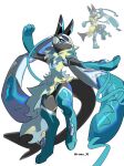 1other absurdres animal_ears black_fur blue_eyes blue_fur body_fur full_body furry highres karmaho lucario mega_lucario_z mega_pokemon multicolored_fur official_art_inset other_focus pokemon pokemon_(creature) pokemon_focus simple_background tail yellow_fur 