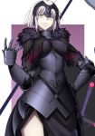  armor armored_dress black_dress breasts cape chain commentary_request dress eyebrows_visible_through_hair fate/grand_order fate_(series) faulds flag fur-trimmed_cape fur_collar fur_trim gauntlets headpiece jeanne_d'arc_(alter)_(fate) jeanne_d'arc_(fate)_(all) large_breasts silver_hair smile standing sword takahan thighs weapon yellow_eyes 