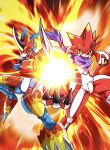  anthro bandai_namco betelgammamon blue_body claws codpiece digimon digimon_(species) duo elemental_manipulation fire fire_manipulation flamedramon hi_res horn male red_body red_eyes scalie scarf sisikomakenzaki yellow_eyes 