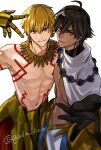  2boys ahoge arm_up black_gloves blonde_hair brown_eyes brown_hair chest_tattoo closed_mouth dark_skin double-parted_bangs earrings fate/grand_order fate_(series) gauntlets gilgamesh_(fate) gloves gold_earrings gold_necklace gorilla_burning hair_between_eyes jewelry looking_at_viewer male_focus multiple_boys navel necklace ozymandias_(fate) red_eyes short_hair simple_background single_gauntlet smile tattoo toned toned_male topless_male twitter_username white_background 