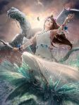  bat_wings blue_eyes bracelet brown_hair cloud cloudy_sky crystal dragon dress feathers flower gem hair_flower hair_ornament jewelry johannes_voss legend_of_the_cryptids long_hair necklace official_art sky solo staff tiara water wings 