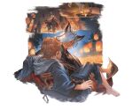  2boys barefoot black_kimono blue_eyes blue_kimono brown_hair carrying crowd dark_skin erune eustace_(granblue_fantasy) geta gran_(granblue_fantasy) granblue_fantasy hair_over_one_eye hand_on_another's_back hand_on_another's_thigh hood hood_down hoodie japanese_clothes kimono lantern looking_at_another male_focus minaba_hideo multiple_boys multiple_views night official_art one_eye_covered orange_light outdoors paper_lantern parted_lips princess_carry road short_hair sky standing street tree white_hair yaoi 
