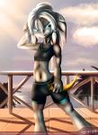  2018 asura black_clothes blue_eyes clothing dagger female ferinnja full-length_portrait guild_wars hair humanoid jayylight long_ears melee_weapon palm_tree portrait shorts solo top tree video_games watermark weapon white_hair 