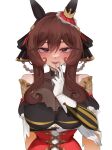  1girl absurdres animal_ears bare_shoulders blush braid braided_hair_rings breasts brown_hair cleavage commentary detached_sleeves dress ear_covers ear_ornament english_commentary gentildonna_(regina_dei_fiori)_(umamusume) gentildonna_(umamusume) gloves hair_between_eyes hair_ornament hair_rings heart-shaped_ornament heart_ear_ornament highres horse_ears horse_girl large_breasts long_hair looking_at_viewer open_mouth red_eyes smile solo teeth umamusume upper_body white_gloves xkittyzx 
