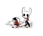 2026 2_horns aaasakawa ambiguous_gender arthopod black_body black_eyes blood blood_on_face blood_on_object blood_on_weapon bodily_fluids cloak clothing duo empty_eyes gore grimmchild_(hollow_knight) guts hi_res holding_melee_weapon holding_object holding_weapon hollow_knight_(franchise) horn melee_weapon nail_(weapon) organs simple_background team_cherry the_knight_(hollow_knight) vessel_(species) weapon white_background