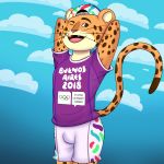  absurd_res anthro bulge clothed clothing damian5320 feline hi_res jaguar male mammal one_eye_closed pandi panther pose simple_background sky solo wink 