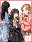  3girls bag black_dress black_hair blonde_hair bow bowtie cardigan commentary_request cookie dissidia_duellum_final_fantasy dissidia_final_fantasy dress eating final_fantasy final_fantasy_vi final_fantasy_viii final_fantasy_xiv food gaia_(artemis_gothic_dress)_(ff14) gaia_(ff14) goth_fashion highres holding holding_bag holding_food long_hair multiple_girls official_alternate_costume paper_bag pink_cardigan red_lips ren_mizuha rinoa_heartilly rinoa_heartilly_(student_sorceress) school_uniform terra_branford terra_branford_(school_cardigan) 