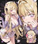  1girl ;d absurdres bare_shoulders blonde_hair bow bow_choker breasts choker cleavage commentary demon_horns demon_tail demon_wings english_commentary heart heart_tail highres horns large_breasts layered_shirt layered_skirt long_hair long_sleeves looking_at_viewer low_wings midriff mini_wings miniskirt multiple_views navel off-shoulder_shirt off_shoulder one_eye_closed open_mouth original purple_choker purple_eyes purple_shirt shirt skirt sleeveless sleeveless_shirt smile stomach tail thigh_strap thighs translation_request undershirt very_long_hair white_shirt white_skirt wings ye_jji 