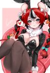  1girl absurdres adapted_costume animal_ear_fluff animal_ears black_hair black_streaks blue_eyes blush braid breasts carrot carrot_hair_ornament commentary cosplay don-chan_(usada_pekora) double-parted_bangs english_commentary fake_animal_ears food-themed_hair_ornament hair_between_eyes hair_ornament hakos_baelz heart heart-shaped_pillow highres hololive hololive_english knees_up large_breasts looking_at_viewer mouse_ears mouse_girl mouse_tail multicolored_hair pantyhose pillow playboy_bunny rabbit_ears red_hair scarf signature smile soup_(soupysoull) spoken_heart streaked_hair tail twin_braids usada_pekora usada_pekora_(cosplay) v virtual_youtuber white_fur white_hair 