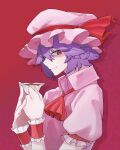  1girl absurdres blood blood_from_mouth closed_mouth collared_shirt commentary_request cup frilled_sleeves frilled_wrist_cuffs frills from_side hair_between_eyes hands_up hat highres holding holding_cup looking_at_viewer mob_cap pi-nattus pink_hat pink_shirt puffy_short_sleeves puffy_sleeves purple_hair red_background red_eyes red_wrist_cuffs remilia_scarlet shirt short_hair short_sleeves sideways_glance slit_pupils smile solo teacup touhou upper_body wrist_cuffs 