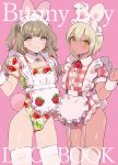  :3 animal_ears apron bad_id bad_pixiv_id bangs blush bob_cut bolo_tie brown_hair bulge bunny_boy bunny_ears bunny_tail closed_mouth commentary_request cross-laced_clothes dark_skin detached_collar eyebrows_visible_through_hair fake_animal_ears fake_tail flat_chest food_print frilled_apron frilled_leotard frills garter_straps gingham hair_between_eyes half-closed_eyes hand_up highleg highleg_leotard leotard light_brown_hair long_hair looking_at_viewer maid maid_apron maid_headdress male_focus multiple_boys original otoko_no_ko parted_bangs parted_lips pink_background pink_eyes pink_leotard po_(user_rspk7527) print_leotard puffy_short_sleeves puffy_sleeves raised_eyebrows red_neckwear short_hair short_sleeves simple_background skindentation smile standing strawberry_print tail thighhighs two_side_up waist_apron wavy_hair white_apron white_legwear wing_collar wrist_cuffs yellow_eyes 