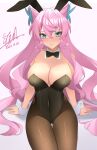  1girl animal_ear_hairband animal_ears black_bow black_bowtie black_leotard black_pantyhose blue_eyes blush border bow bowtie breasts butterfly_hair_ornament cleavage commentary covered_groin covered_navel dated detached_collar double-parted_bangs embarrassed fake_animal_ears gradient_background grey_background hair_between_eyes hair_ornament hair_wings hairband highleg highleg_leotard highres large_breasts leotard light_frown long_hair looking_at_viewer maria_cadenzavna_eve pantyhose pink_hair playboy_bunny rabbit_ear_hairband rabbit_ears senki_zesshou_symphogear shu_(syuh9029) sideboob sidelocks signature simple_background sitting solo strapless strapless_leotard traditional_bowtie upper_body very_long_hair white_border white_wrist_cuffs wrist_cuffs 