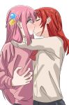  2girls absurdres arms_around_neck blue_eyes blush bocchi_the_rock! closed_eyes cube_hair_ornament gotoh_hitori grey_shirt hair_ornament highres jacket kiss kita_ikuyo long_hair multiple_girls one_side_up pink_hair pink_jacket red_hair ryoo_0526 school_uniform shirt shuka_high_school_uniform simple_background white_background yuri 