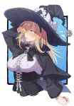  1girl black_bow black_capelet black_choker black_hat blonde_hair blue_background blue_eyes blue_gem blush border bow breasts brooch capelet center_frills choker commentary_request corset crescent criss-cross_strings frills from_side gem hand_on_own_head hat highres hot jewelry large_breasts open_mouth original shirt solo star_(symbol) star_and_crescent sweat umetane1 white_border white_shirt witch_hat 