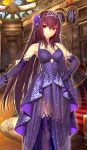  breasts cleavage commentary craft_essence dress elbow_gloves fate/grand_order fate_(series) flower gloves hair_flower hair_ornament hand_on_hip heroic_spirit_formal_dress koyama_hirokazu large_breasts light_smile long_hair looking_at_viewer official_art purple_dress purple_gloves purple_hair purple_legwear red_eyes scathach_(fate)_(all) scathach_(fate/grand_order) solo stairs thighhighs tiara very_long_hair 