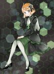  1girl black_dress black_shoes commentary_request dress full_body grey_eyes highres honeycomb_(pattern) honeycomb_background invisible_chair long_sleeves looking_at_viewer official_alternate_costume omo_(hocomoch) pokemon pokemon_masters_ex serena_(pokemon) serena_(sygna_suit)_(pokemon) shoes short_hair signature sitting 