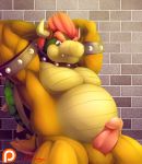  2016 anthro balls bowser brick_wall collar erection hair hands_behind_head horn humanoid_penis koopa looking_at_penis male mario_bros musclegut muscular nintendo nude overweight patreon penis primodrago red_eyes red_hair scalie signature solo spiked_collar spikes standing video_games 