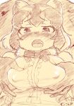  1boy 1girl animal_ears blush bow bowtie breasts cellien_(kemono_friends) common_raccoon_(kemono_friends) covered_nipples drooling fang from_behind fur_collar furrowed_brow gloves grabbing_another's_breast grabbing_from_behind groping hetero highres kemono_friends kemono_friends_v_project large_breasts looking_at_viewer masuyama_ryou medium_hair monochrome monster multicolored_hair nipples nose_blush open_mouth raccoon_ears saliva shirt short_hair sleeveless solo_focus surprised tail upper_body 