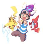  ame025 black_hair brown_eyes full_body gen_1_pokemon gen_4_pokemon gen_7_pokemon male_focus pikachu poipole pokemon pokemon_(anime) pokemon_(creature) pokemon_on_head pokemon_sm_(anime) rotom rotom_dex satoshi_(pokemon) simple_background ultra_beast white_background 