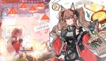  1other 2girls :q absurdres angelina_(arknights) animal_ear_fluff animal_ears arknights arknights:_endfield bag beamed_eighth_notes black_gloves black_ribbon blush_stickers bowl bracelet brown_bag brown_hair chinese_text clone coat commentary dot_nose double-parted_bangs dress eating egg_tart eighth_note elbow_gloves english_text flower flying_sweatdrops food fox_ears fox_girl from_side gilberta_(arknights) gloves grey_dress hair_between_eyes headpiece high_collar highres holding holding_bowl holding_food indoors infection_monitor_(arknights) jewelry lamp lavender_(flower) long_hair long_sleeves looking_at_viewer multiple_girls musical_note off_shoulder open_clothes open_coat orange_eyes purple_flower red_coat restaurant ribbon salt_shaker sitting sleeveless sleeveless_dress spoken table tongue tongue_out tote_bag translation_request untranslatable_commentary wed_(lim38869577) white_flower yellow_flower 