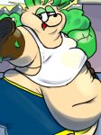  ambiguous_gender anthro anthrofied belly big_belly clothed clothing deep_navel digital_media_(artwork) eeveelution half-closed_eyes holding_belly leafeon lemontree looking_at_viewer navel nintendo obese overweight overweight_ambiguous pok&eacute;mon pok&eacute;mon_(species) selfie shirt smile standing tank_top thick_thighs tight_clothing tight_shorts tongue tongue_out toony video_games 