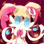  alternate_costume alternate_design artist_name blue_eyes blue_sclera blush bow cloak closed_mouth colored_sclera cosplay dot_nose english_commentary falling_leaves glowing hood hooded_cloak leaf mimikyu mimikyu_(cosplay) no_humans orange_leaf pink_background pink_bow pink_fur pokemon pokemon_(creature) pokemon_focus pokemon_x_and_y pumpkin purpleninfy ribbon smile sparkle sylveon two-tone_bow two-tone_fur upper_body very_big_eyes white_bow white_fur yellow_cloak yellow_hood 