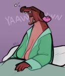 2026 2_horns 4_fingers alpine_(ncs) anthro breasts clothing dragon female female_anthro fingers green_clothing hi_res horn horn_cover mythological_creature mythological_scalie mythology ncs open_mouth pillow red_body red_scales sagging_breasts scales scalie scraper_city solo teeth tongue yawn