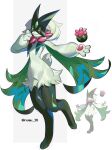 1other absurdres animal_hands black_fur body_fur claws full_body furry green_fur highres karmaho looking_at_viewer meowscarada official_art_inset other_focus pink_eyes pokemon pokemon_(creature) pokemon_focus red_eyes short_tail simple_background smile tail two-tone_fur 
