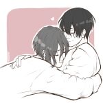  2boys carocchi closed_eyes closed_mouth commentary english_commentary free! hair_between_eyes hand_on_another's_back hug long_sleeves lying_on_person male_focus matsuoka_rin multiple_boys nanase_haruka_(free!) parted_bangs shirt short_hair sketch smile spot_color 