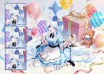  1girl :q ahoge alternate_costume apron balloon black_bow black_shoes blue_bow blue_dress blue_eyes blue_hair blue_pupils blue_ribbon bow box cake cake_slice closed_mouth commentary_request dress drop-shaped_pupils food furina_(genshin_impact) genshin_impact gift gift_box gloves hair_between_eyes hair_bow hands_up heterochromia highres long_hair looking_at_viewer multiple_expressions open_mouth ribbon shoes single_thighhigh sitting stuffed_animal stuffed_toy symbol-shaped_pupils teddy_bear thighhighs tongue tongue_out very_long_hair wariza white_apron white_gloves white_hair white_thighhighs yuchu_zyj19980429 