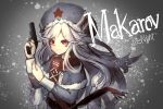  artist_name blurry blurry_background capelet character_name closed_mouth eyebrows_visible_through_hair fur_hat fur_trim girls_frontline gradient gradient_background grey_background gun handgun hands_up hat highres holding holding_gun holding_weapon icenight long_hair makarov_(girls_frontline) makarov_pm red_eyes red_star scarf silver_hair smile solo ushanka weapon 