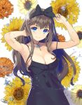  bare_shoulders blue_eyes blush bow breasts brown_hair cleavage closed_mouth collarbone commentary_request dress flower hair_between_eyes hair_ribbon jewelry large_breasts long_hair looking_at_viewer necklace original ribbon sanbasou sleeveless smile solo sunflower 