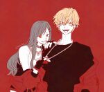  1boy 1girl black_choker black_gloves black_hair black_shirt chain chain_necklace choker commentary_request ear_piercing earrings fangs fingerless_gloves gloves grin hair_ornament hairclip hand_on_another's_shoulder holding holding_jewelry holding_necklace jacket jewelry korean_commentary leaning_on_person long_hair looking_at_viewer nail_polish necklace off_shoulder official_alternate_costume official_alternate_hair_ornament open_clothes open_jacket open_mouth orange_hair piercing project_sekai red_background red_eyes red_jacket red_theme shinonome_akito shiraishi_an shirt short_hair show_'em_what's_up!_(project_sekai) sidelocks simple_background smile sno_fac tank_top twitter_username upper_body white_tank_top yellow_eyes 