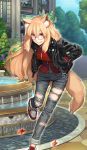  animal_ear_fluff animal_ears black_jacket brown_eyes commentary_request craft_essence denim fang fate/grand_order fate_(series) fountain fox_ears fox_tail glasses hands_in_pockets heroic_spirit_traveling_outfit jacket jeans leaf leaning_forward leather leather_jacket leg_up light_brown_hair long_hair looking_at_viewer maple_leaf official_art pants red-framed_eyewear shoes smile sneakers solo suzuka_gozen_(fate) tail takenoko_seijin torn_clothes torn_jeans torn_pants 