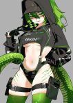  1girl absurdres arknights arknights:_endfield black_gloves black_hoodie breasts commentary english_commentary fluorite_(arknights) gloves green_eyes green_hair green_tail green_thighhighs grey_background hair_between_eyes highres hood hoodie lizard_tail long_hair long_sleeves looking_at_viewer lower_teeth_only medium_breasts navel open_mouth pouch scales shumoo_66 simple_background smile solo standing tail teeth thigh_pouch thighhighs underboob 