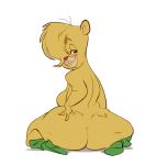  2017 anthro bear big_butt blonde_hair breasts butt clothing digital_media_(artwork) disney female footwear fur gummi_bears hair hair_over_eye half-closed_eyes hand_on_butt huge_butt kneeling looking_at_viewer looking_back mammal pink_nose rear_view shoes short_hair side_boob simple_background slb smile solo sunni_gummi white_background wide_hips 