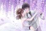  1boy 1girl arm_around_another's_waist arm_around_neck ascot backless_dress backless_outfit bai_qi_(love_and_producer) bare_back bare_shoulders black_hair black_shirt blazer bride brown_eyes brown_hair buttons closed_mouth collared_jacket collared_shirt commentary_request couple cowboy_shot dancing day dress falling_petals flower gloves grey_vest groom hair_flower hair_ornament halter_dress halterneck hetero highres holding_hands husband_and_wife jacket lapels layered_sleeves light_rays long_dress long_sleeves looking_at_another loose_hair_strand love_and_producer medium_hair miqing notched_lapels open_clothes open_jacket outdoors petals pleated_dress pointy_nose protagonist_(love_and_producer) purple_flower shirt short_hair sky smile sunbeam sunlight tuxedo vest wedding wedding_dress white_ascot white_dress white_flower white_gloves white_jacket white_sky wisteria 