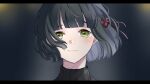  1girl black_hair black_sweater blunt_bangs blunt_ends blurry blurry_background blush bob_cut closed_mouth commentary_request flower_knot green_eyes highres link!_like!_love_live! looking_at_viewer love_live! momose_ginko portrait roku_aya_fuyu short_hair smile solo sweater turtleneck turtleneck_sweater virtual_youtuber 