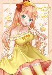  :d armband bare_shoulders border bow breasts candy_print chibana_sora clothes_lift collarbone commentary_request commission dress dress_bow dress_lift dutch_angle finger_to_mouth food food_print frilled_armband frills green_eyes hair_ornament hair_spread_out hairclip head_bow head_tilt highres holding holding_own_dress honeycomb_(pattern) honeycomb_print indie_virtual_youtuber kanmi_hachimitsu large_breasts layered_dress long_hair looking_at_viewer off-shoulder_dress off_shoulder open_mouth orange_border orange_hair orange_ribbon pancake pancake_stack polka_dot polka_dot_background red_bow ribbon sidelocks skeb_commission sleeveless sleeveless_dress smile sparkle_print thank_you thighhighs translation_request white_background x_hair_ornament yellow_armband yellow_dress yellow_thighhighs zettai_ryouiki 