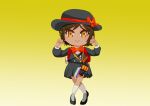  1girl artist_request black_skirt bow bowtie brown_eyes brown_hair child commentary_request dark-skinned_female dark_skin gradient_background gun hat kindergarten_uniform limbus_company limbus_kindergarten_uniform official_alternate_costume outis_(project_moon) pleated_skirt project_moon red_bow revolver school_hat shukusei!!_loli-kami_requiem skirt socks solo traditional_bowtie weapon white_socks 