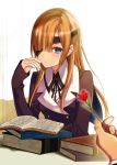  blue_eyes blush book brown_hair closed_mouth eyepatch fate/grand_order fate_(series) flower hijiri_ruka long_hair long_sleeves looking_at_viewer ophelia_phamrsolone out_of_frame simple_background solo_focus upper_body white_background 