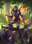  armor armored_boots boots dagger flower gloves glowing glowing_eyes grass green_hair helmet insect_wings james_ryman legend_of_the_cryptids long_hair mask monster monster_girl official_art pointy_ears shield skull solo_focus sword tree watermark weapon web_address wings yellow_eyes 