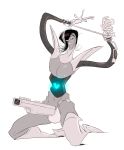  2016 5_fingers black_hair blue_eyes boots bulge clothed clothing digital_media_(artwork) footwear gloves hair hair_over_eye half-closed_eyes high_heeled_boots high_heels holding_object humanoid jockstrap kneeling looking_at_viewer machine male mettaton mettaton_ex mostly_nude multicolored_hair navel nintendo not_furry raised_arm robot shiny shoes short_hair silver_hair simple_background slb solo teeth topless two_tone_hair undertale underwear video_games white_background wii 